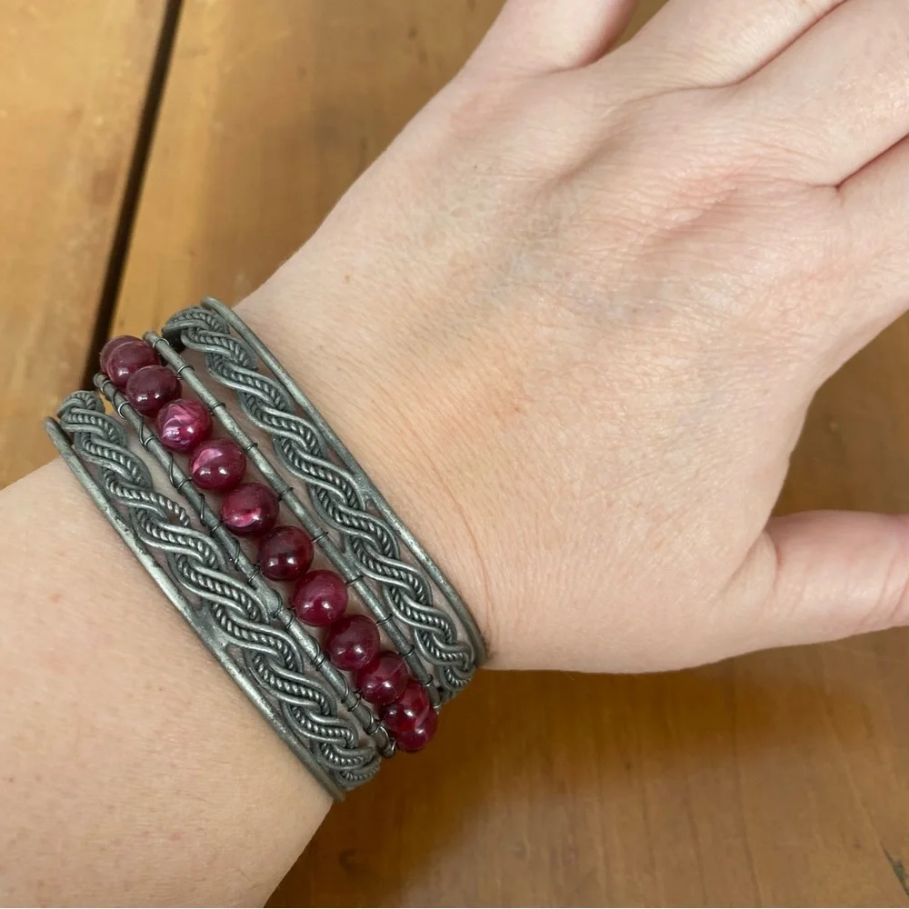 Silver Colored and Red Beaded Adjustable intricate Cuff Bracelet